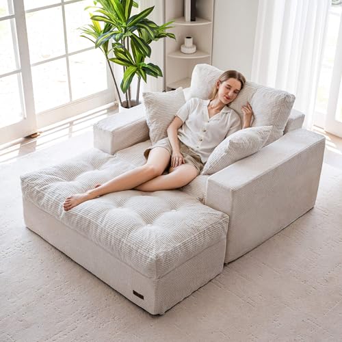 Image of MAXYOYO Modular Sectional Chaise Lounge Sofa, Upholstered Lounge Chair with Ottoman, Comfy Couch with Layered Cushion, Tufted Upholstered Sleeper Chair for Living Room, No Assembly, Beige