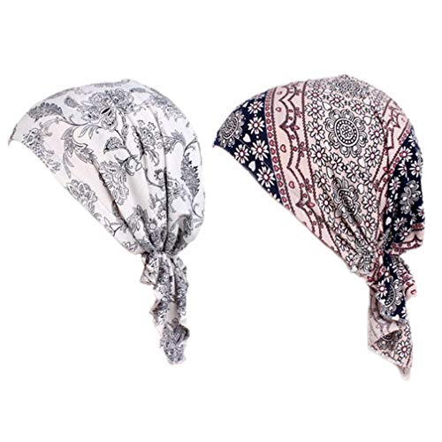 Frauen Baumwolle Chemo Hüte Slouchy Soft Bandana Vor - Gebunden Beanie Turban Cap für Krebspatienten Haarausfall 2 Pack