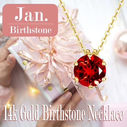14k Gold 1CT Round Gemstone Necklace for Women 1 Carat 6.5MM Brilliant-Cut Created Birthstone Anniversary Birthday Mother's Day Classic Necklaces for Mom Her 16+2 inches 5