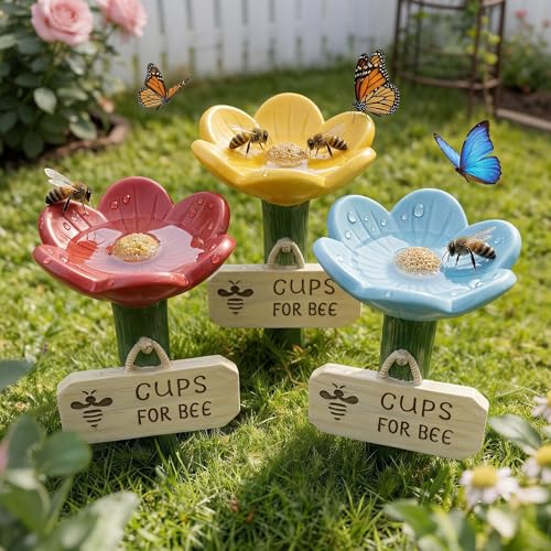 3Pcs Cups for Bees Flower Shaped Bee Watering Station for Garden Colorful Bee Cup for Thirsty Pollinator Garden UK Outdoor Drinking Feeder with Stake Base for Yard Lawn Patio Decor