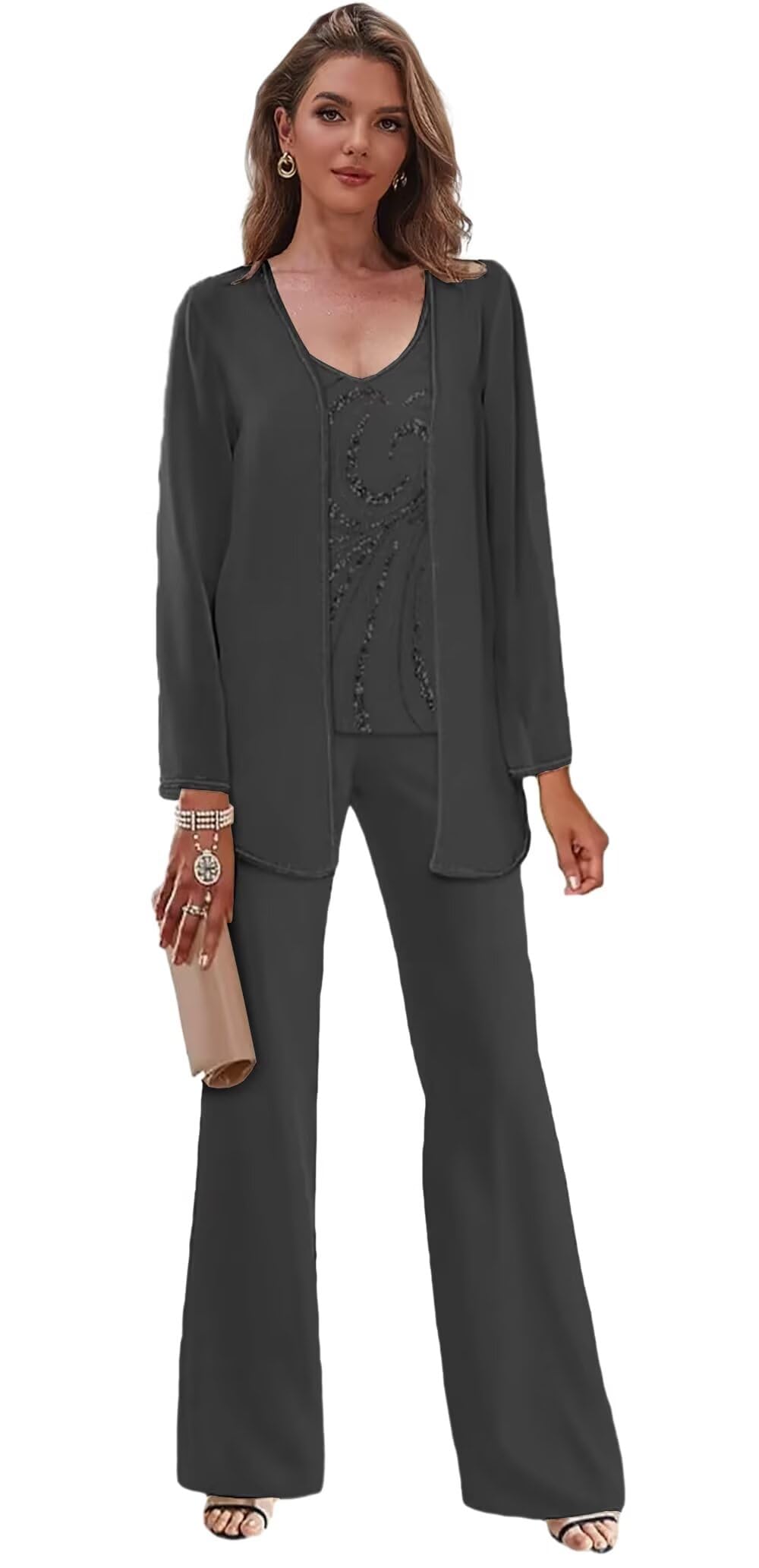 3 Pieces Beaded Mother of The Pant Suits for Wedding with Jacket Chiffon Pantsuits for Women Dressy
