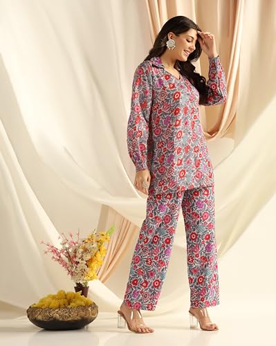 Image of DHRUVI TRENDZ Co Ord Set for Women Stylish | Ethnic Cotton Casual Cord Set | Stylish Summer Kurta & Pant Set | Casual Daily Outfit Night Suit for Women | Full Sleeve Top with Relaxed Fit Trousers