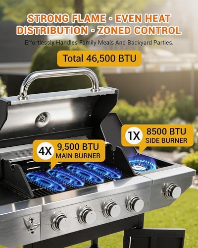 Image of EUHOME 46,500 BTU 4-Burner Propane Gas Grill with Side Burner - Stainless Steel Outdoor BBQ with Enameled Cast Iron Grates & Foldable Side Tables for Patio, Backyard, and Outdoor Cooking