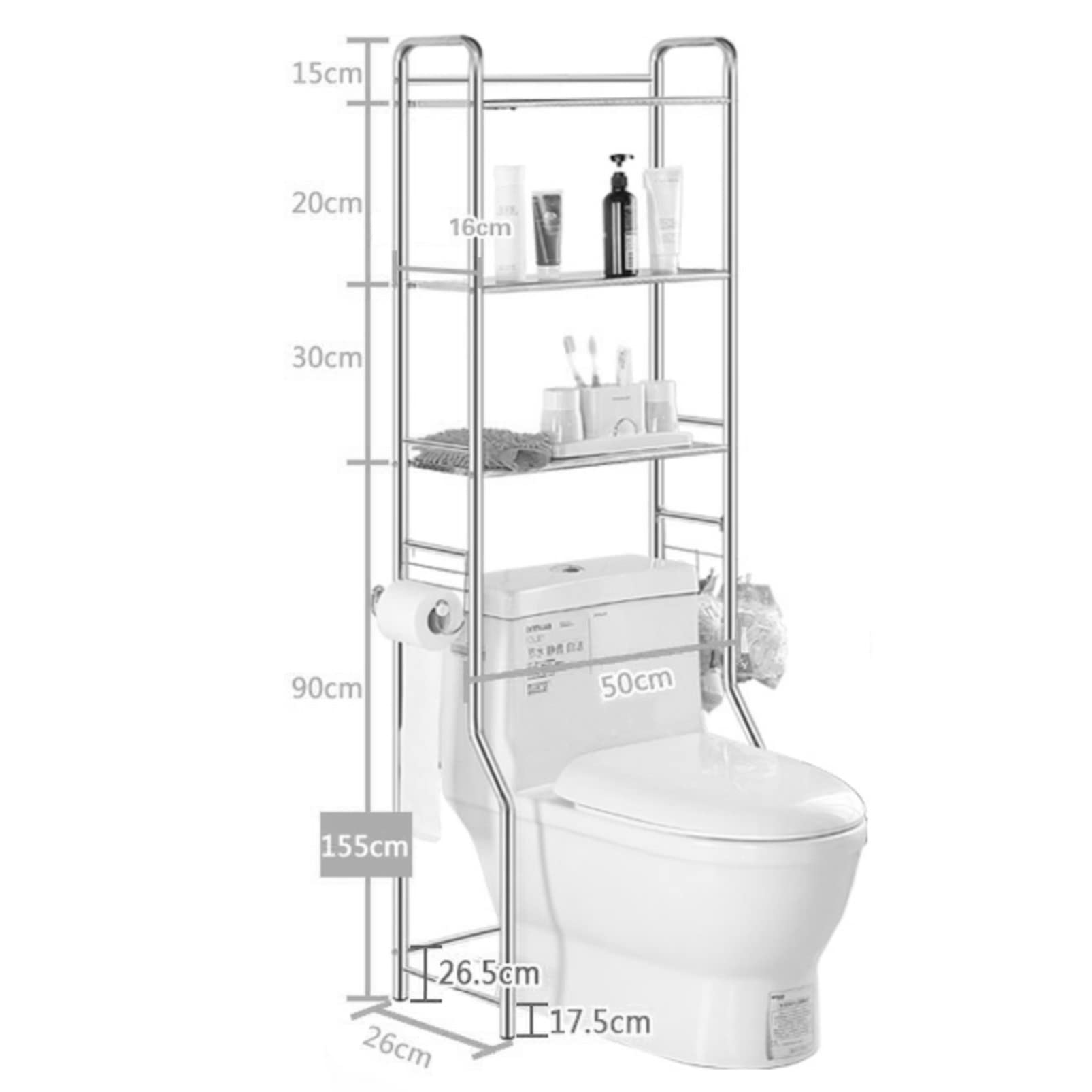 Estante sobre el inodoro, estantes de acero inoxidable antivuelco de 3 niveles con ganchos y soporte para papel higiénico, estante de almacenamiento para toallas que ahorra espacio en el baño