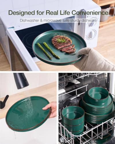 Image of Famiware Nebula Ridge 24-Piece Dinnerware Set with Pasta Bowls, Dark Green