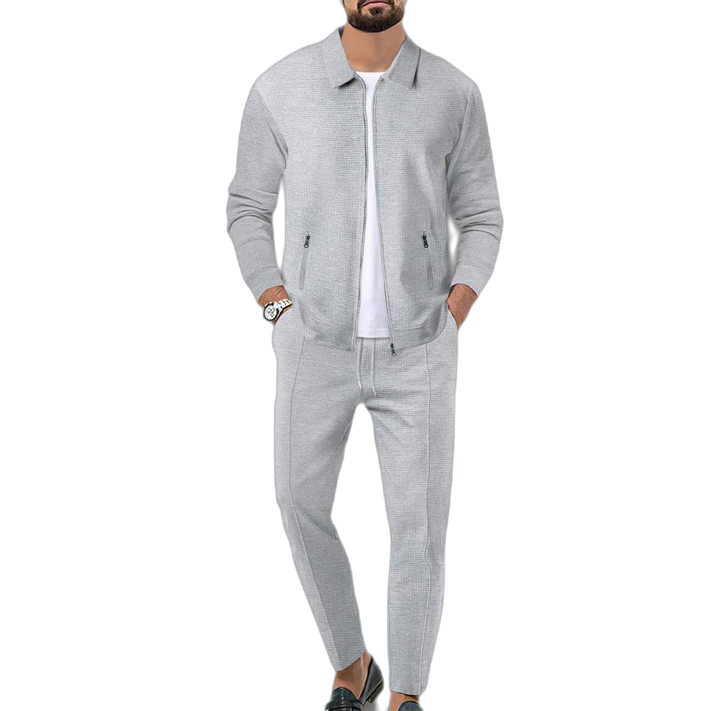 Veriliss 2-Piece Waffle Soft Hoodies Sweatsuit Sets Men's Tracksuit Sets with Full Zip Trendy Jacket Suit Business Outfits