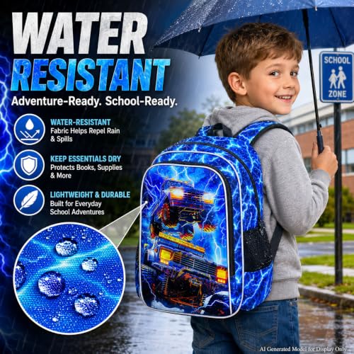 Image of 17 inch Truck Backpack for Boy, 3Pcs Lightning Bookbag for Elementary Preschool Kindergarten, Kids School Thunder Backpacks with Lunch Box (Blue)