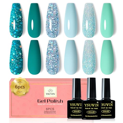 YSUVIN Semipermanente Unghie, 6 Colori Ciano Verde Azzurro Glitter Verde Smalto Semipermanente Unghie, Smalto Unghie Soak Off UV/LED Lampada Nail Art Gel Unghie Set, 8ml