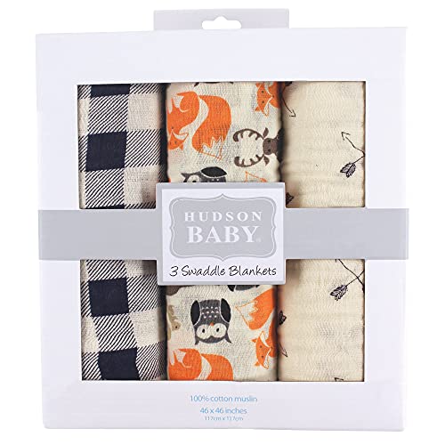 Image of Hudson Baby Unisex Baby Cotton Muslin Swaddle Blankets, Forest, 3-Pack