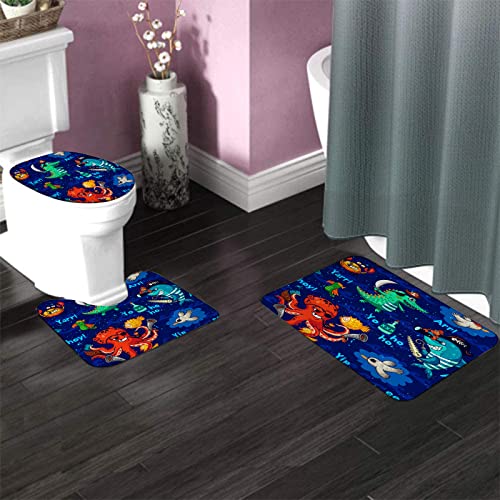 Badezimmerteppich-Set, 3-teilig, Unterwasserpiraten, Krokodil, Krake, Hai, Krabbe, waschbare Badeteppiche, rutschfest, mit Rückenpolster, Konturteppich und Toilettendeckelbezug – Bild 4
