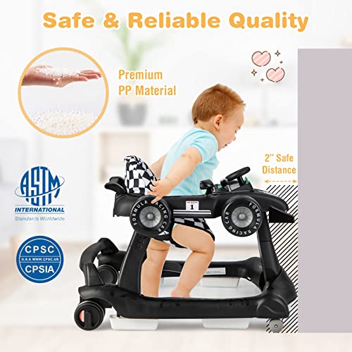 Image of GLACER Foldable Baby Walker, 4-in-1 Infant Walker with Adjustable Height & Speed, Music, Light, Steering Wheel & Washable Cushion, Baby Walker Activity Center for Boys Girls 6 -18 Months (Black)