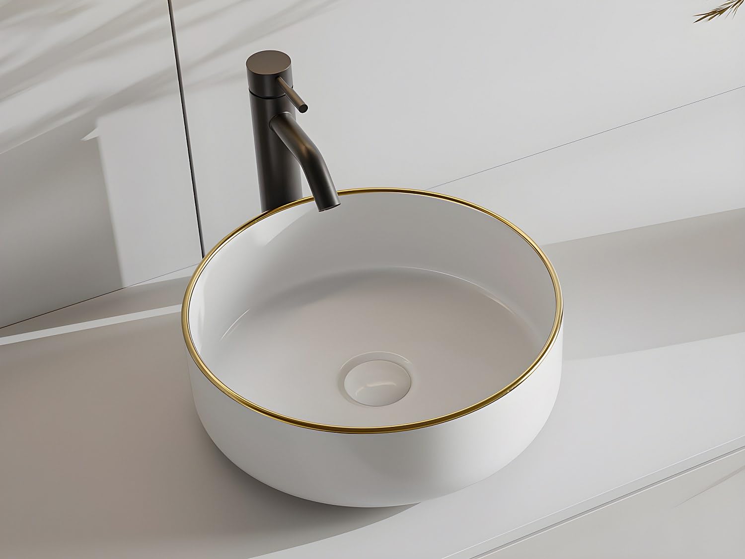 Vente-unique - Lavabo sobre encimera Leniso - L 36cm x A 36cm x H 12cm - cerámica - blanco, dorado