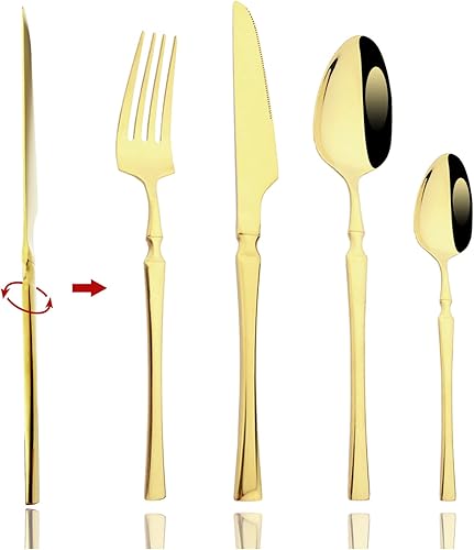 Miniatura 10 de JASHII Juego de cubiertos de cubiertos de acero inoxidable de 24 piezas para 6 acabado de espejo, diseño retro, incluye cuchillos, tenedores,