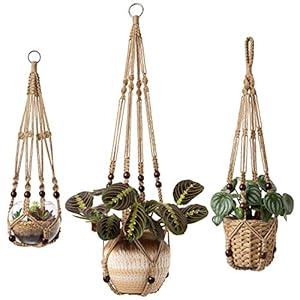 Mkouo Set van 3 macramé plantenhangers, plantenhangers, binnen, plantenmand, hangende bloempothouder, jute touw met parels zonder kwastjes, jute touw, 58 cm/73 cm/89 cm