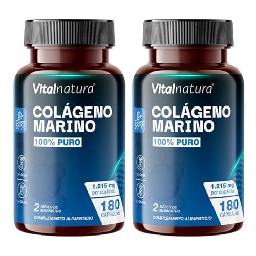Colágeno Marino Hidrolizado 100% Puro - Alta Absorción, 1.215mg I Pack Dúo 180 Cápsulas | Alta eficacia (2 cápsulas) o máxima potencia (3 cáp) | Piel Radiante, Huesos Fuertes, Alivio Dolor Articular
