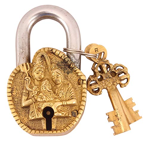 Image of Indian Art Villa Handmade Old Vintage Style Antique Lord Shiva Pariwar Design Brass Security Lock with 2 Keys Om Design on Back|Home Temple Office