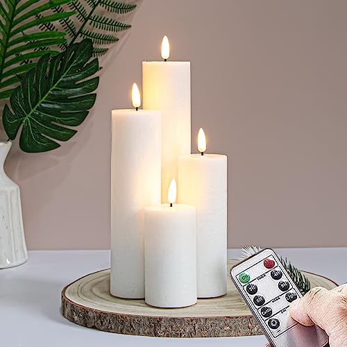 Image of Flickering Flameless Pillar Candles with Remote Control and Cycle Timer,White Pack of 4 Battery Operated(Powered by 2AA) LED Real Wax Tall Fake 3D-Wick Electric Candles(D 2.2 inch x H 4 inch,6 inch,8 inch,10 inch)