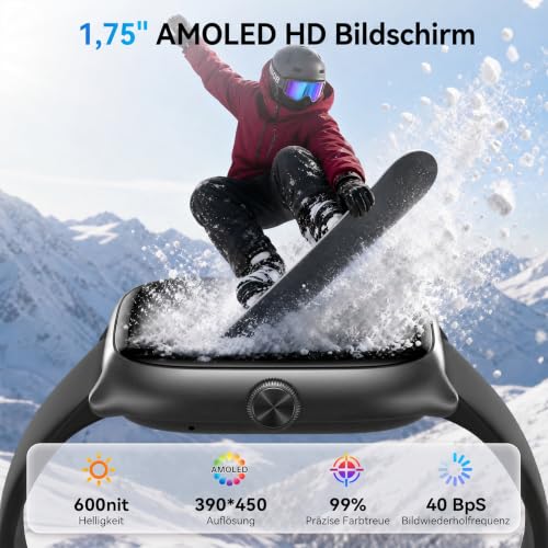 Smartwatch Damen Herren 1,75" AMOLED Fitnessuhr mit Bluetooth Telefonie, 24/7 Herzfrequenz Stress Schlafmonitor… – Ansicht 2