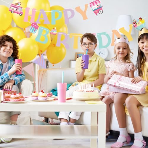 Image of Ice Cream Happy Birthday Banner - Colorful Ice Cream Birthday Party Sign Decorations for Girls Kids Summer Theme Party Supplies