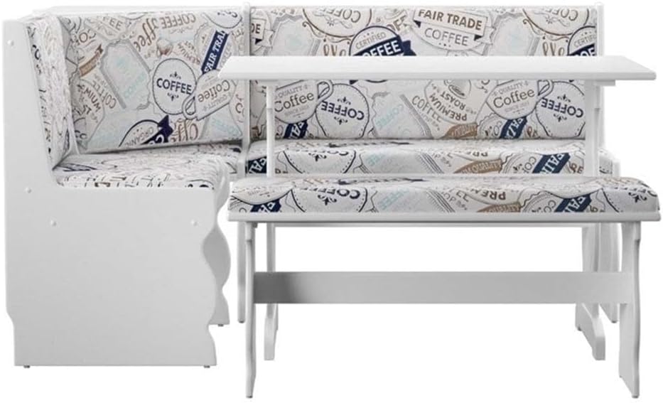 Riverbay Furniture Transitional Wood & Fabric Upholstered Corner Nook Dining Set with Table & Bench & Corner Unit, Some Assembly Required, Seats Up to 5 People, in White Finish
