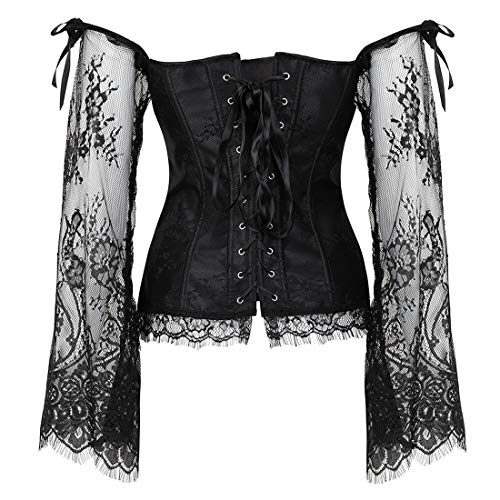 Corsets for Women's Princess Renaissance Corset Lace Ruched Sleeves Elegant Overbust Top X-Large Black