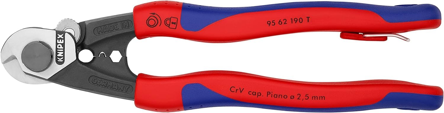 KNIPEX Cesoia per funi in acciaio forgiata rivestiti in materiale bicomponente, con anello di fissaggio incorporato per agganciare una, 95 62 190 T