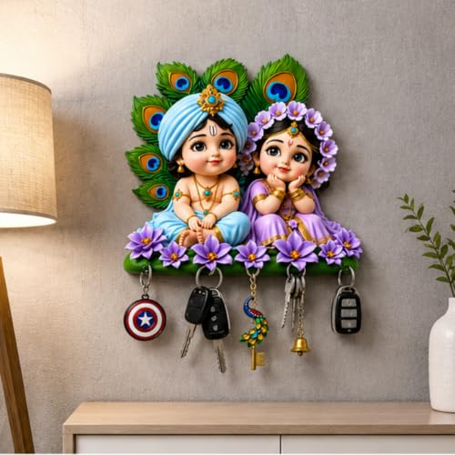 Image of Webelkart Premium Cute Radha Krishna Key Holder for Home /Office Decor | 3D UV Printed Wooden Key Hanger Decorative Key Chain Holder (10 x 10 Inches (Multi)