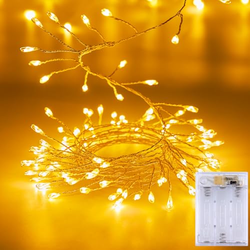 Fairy Lights Battery Operated, 10Ft 120 LED Firecracker String Lights, Waterproof Silver Wire Starry Firefly Light for DIY Wreath Weeding Indoor Outdoor Christmas Decorations