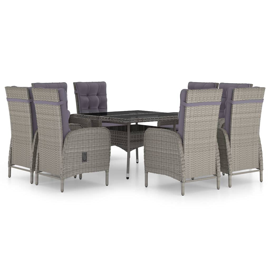 Rattan Gartenmöbel Set 8 Verstellbar Stühle mit Tisch Garten Essgruppe 8 Personen Sitzgruppe Outdoor Terassenmöbel Außen Poly Rattan und Glas-Grau-9-tlg