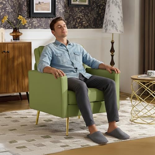 Image of VINGLI Modern Accent Chair, Upholstered Faux Leather PU Armchair with Thick Cushion & Metal Legs, Comfortable Reading Chair for Living Room, Bedroom, Office, Green