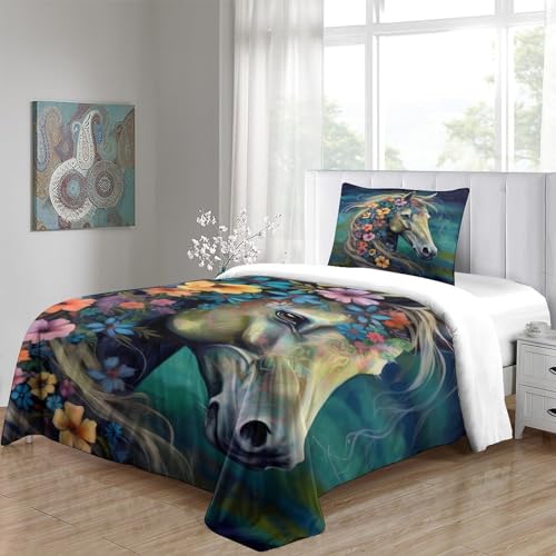 Housse de couette fleurs et chevaux parure de lit 3 pièces microfibre 135x200