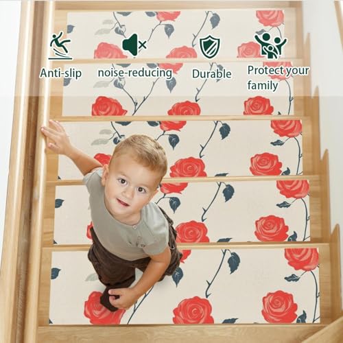 Tapis d'escalier antidérapant réutilisable sans résidus motif floral roses - 5