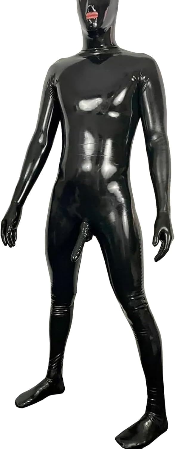 Men's Synthetic Latex Wetlook Bodysuit Full Body Cover Handmade Catsuit Jumpsuit with Hood Gloves Socks Sheath