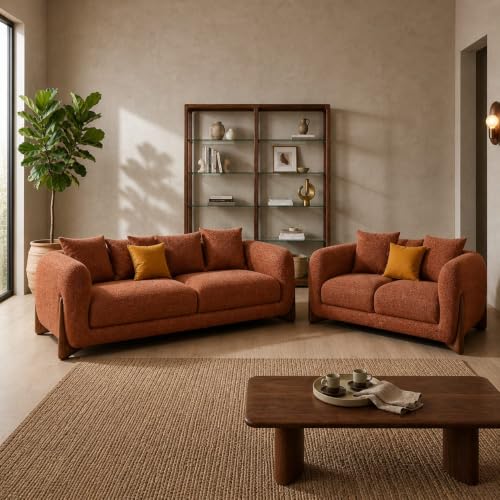 Image of Modern Sofa, Teddy Fabric, Chesterfield Style, Wooden Legs, for Living Room, Bedroom, Hallways (3+2 Seater, Rust Orange)