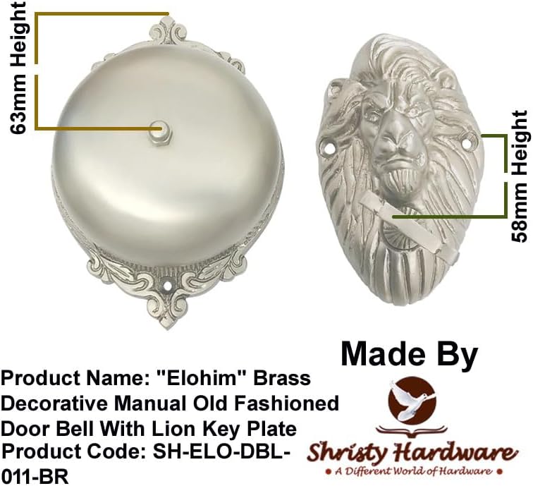 Shristy Hardware ""Elohim"" Brass Decorative Manual Old Fashioned Door Bell – Vintage Twist Bell with Lion Face Key Plate – Mechanical Doorbell for Home – (Pack of 1 Satin Nickel Finish), Silver