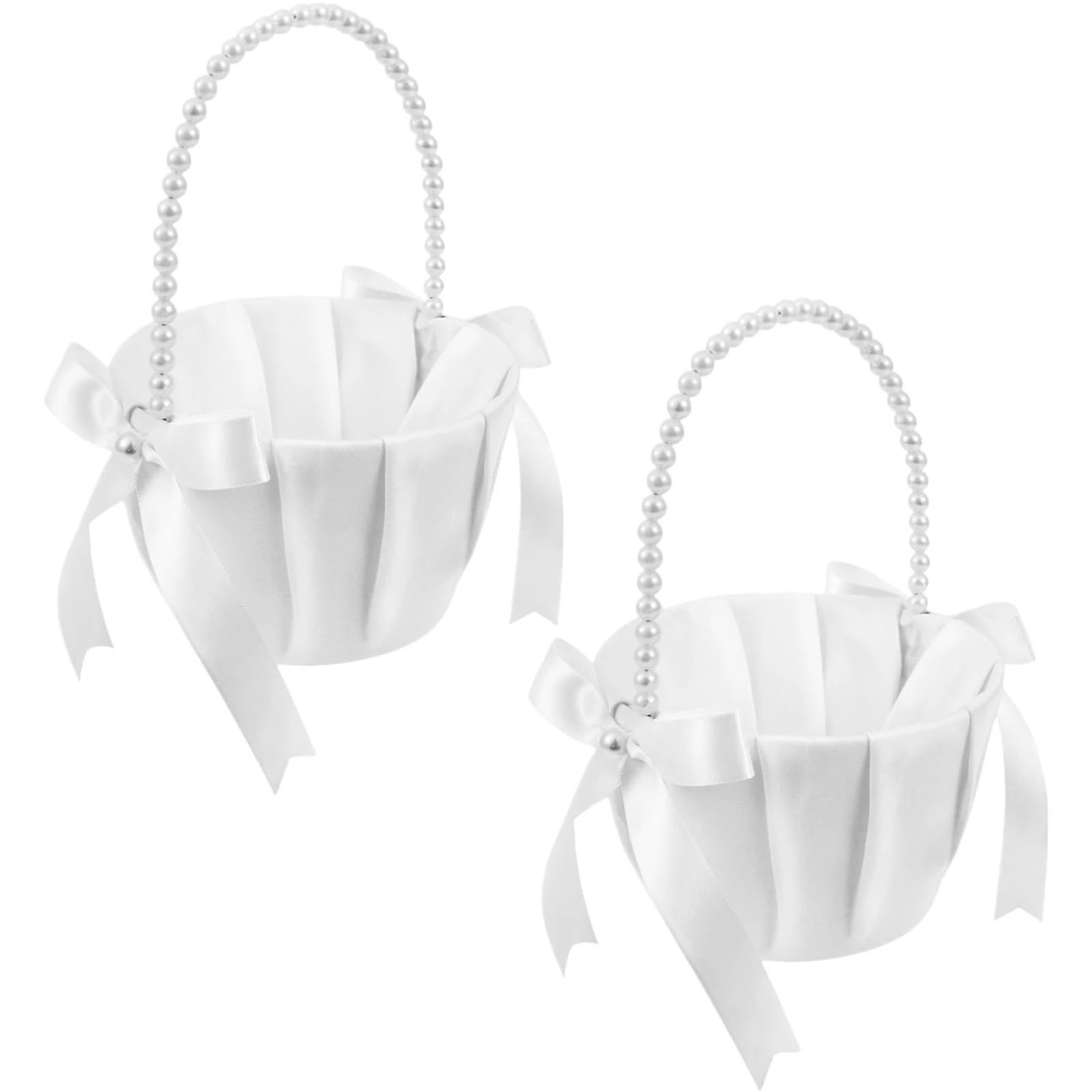 Flower Girl Bow Basket 2Pcs Satin Rustic Pearl Handle