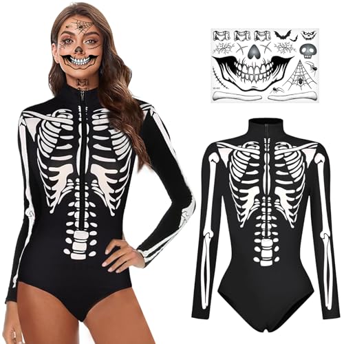 Randomgo Combinaison Squelette pour Femme, Deguisement Halloween Squelette Femme, Costume Tete dia de los Muertos, pour Costume Halloween Carnaval Dress Up...
