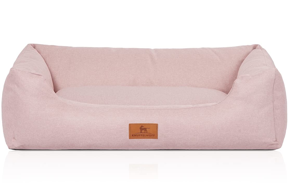 Knuffelwuff Hundebett Emma aus Velours mit feinem Handwebcharakter in Pastellfarben M-L 85 x 63cm Rosa - Abnehmbarer Bezug - leicht zu reinigen - für große, mittelgroße und kleine Hunde