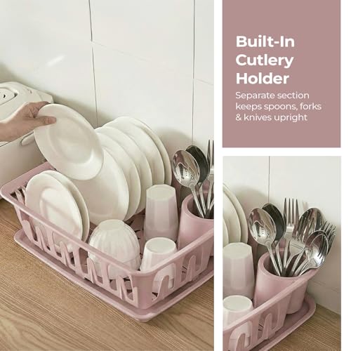 Image of Lifelong Plastic Dish Drying Rack with Drain Tray, Kitchen Dish Drainer with Cutlery Holder, Utensil Organizer for Plates, Bowls & Cups (Pink)