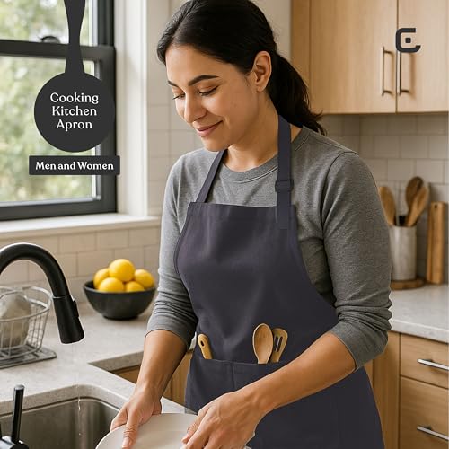 Image of CRASOME Kitchen Apron for Men & Women | Unisex Cooking Apron with 2 Front Pockets and Adjustable Straps | Apron for Chef, Hotel, Cafe, Restaurant, Gardening, Workshop