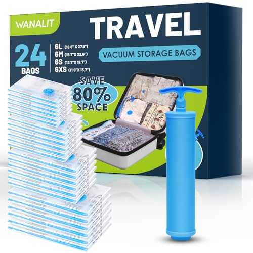 Image of Travel Vacuum Storage Bags with Hand Pump, 24 Pack (6L+6M+6S+6XS) Vacuum Seal Bag Travel Essentials Space Saving Bags for Clothes, Luggage, Carry-on Suitcase, Backpack, Holiday Business Trip