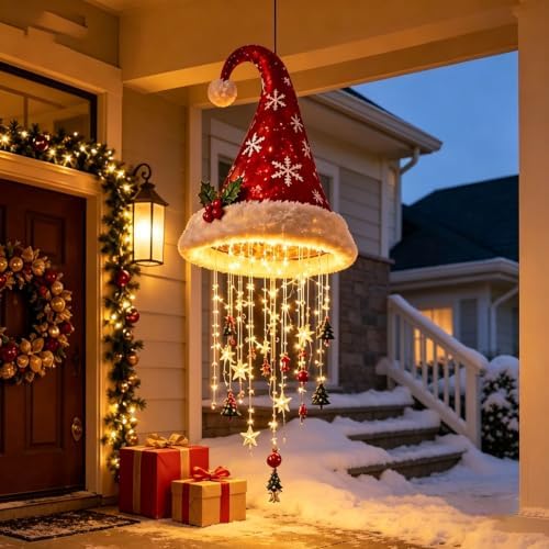 Lighted Santa Hat Hanging Chandelier, 3 Styles Warm LED Christmas String Lights with Festive Ornaments, Holiday Hanging Lighting Decor for Patio Indoor Outdoor Home Display，A