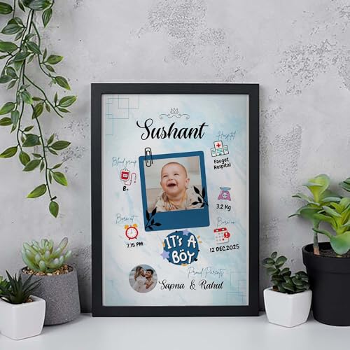Image of ASHVAH Customized Collage New Born Baby Photo Frame with Photo Upload for Boy with Parents and Birth Details - 131