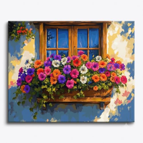 Image of Art Therapy Pcn34 Paint by Number Kit 15 x 20 Inch Linen Canvas for Adults & Kids | DIY 2 Set of Acrylic Oil Painting Colors with Brushes for Home Decor | Easy for Beginners (Flowers at the Heart Window)