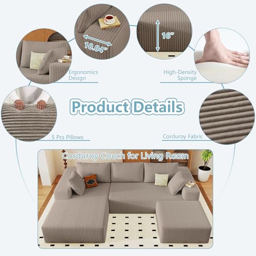Image of 96 inch W Cloud Sectional Couch with Ottoman,Modern U-Shaped Cloud Couch with Deep Seat,Comfy Corduroy Sofa,Memory Foam Sofa for Living Room,No Assembly (Camel,Left-Facing Chaise)