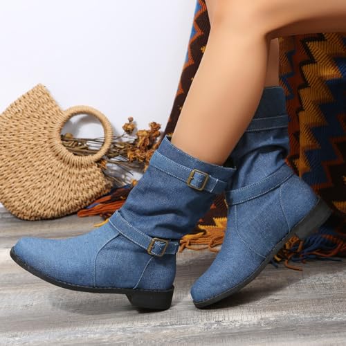 Denim Booties for Women Denim Round Toe Boots for Women with Buckle Casual Short Boot Pull On Low Heel Boots3