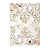 Maffily 50pcs Gold Glitter Laser Cut Invitation Pocket Blank Wedding Invitations with Envelopes And Rsvp Cards Ribbons for Wedding Quinceanera Bridal Shower Engagement Party Invite