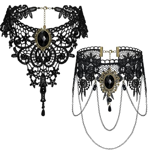 Gothic Necklaces for Women Black Choker Collar Necklaces for Women Witch Goth Necklace Sexy Lace Choker Set Statement Punk Necklace Cosplay Vampire Accessories Gothic Halloween Jewelry