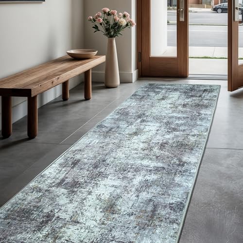 GLN Rugs Contemporary Collection - Machine Washable Area Rug, Contemporary Washable, Non Slip, Low Pile Chenille Rug, Living Room, Bedroom, Kitchen Rug (2'6' x 10' Grey/Green)