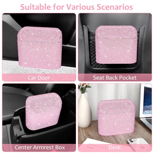Image of Accmor Bling Car Trash Can with Lid, Leak-Proof Mini Vehicle Trash Bin Automotive Dustbin Organizer Storage, Sparkling Crystal Trash Bag Container with 30pcs Garbage Bags for Car, Home, Office (Pink)